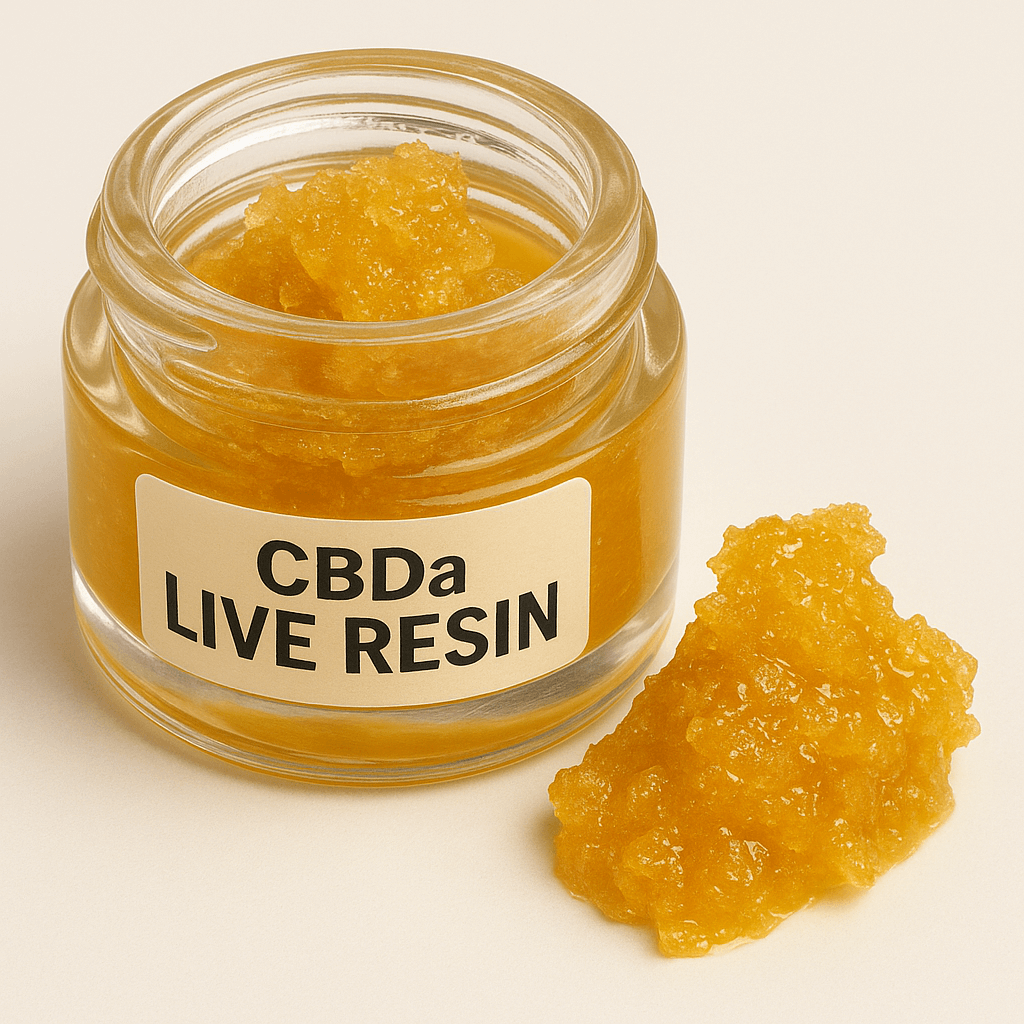 CBDa Live Resin | Premium Hemp Extract Rich in Cannabidiolic Acid & Terpenes in a glass jar with a scoop.